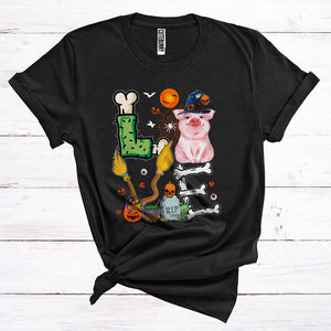 MacnyStore - Love Funny Scary Bones Broomsticks Halloween Costume Pig Witch Farm Animal T-Shirt