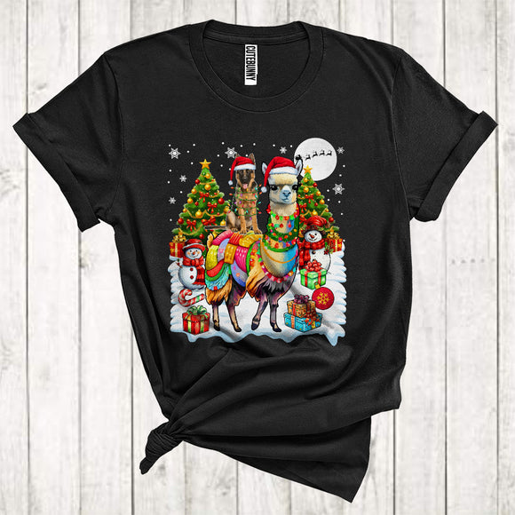 MacnyStore - Merry Christmas Cute Xmas Tree Santa German Shepherd Riding Llama Snowman T-Shirt