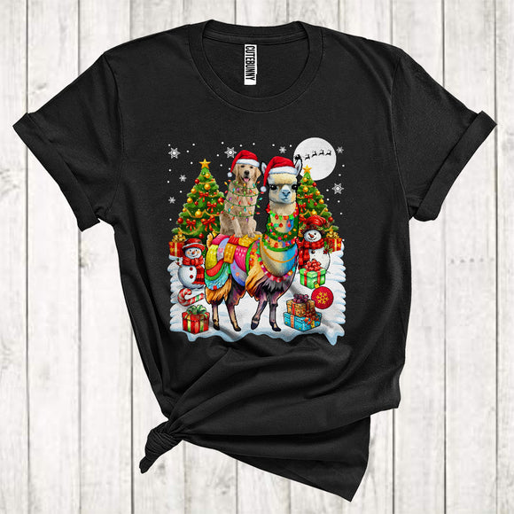 MacnyStore - Merry Christmas Cute Xmas Tree Santa Golden Retriever Riding Llama Snowman T-Shirt