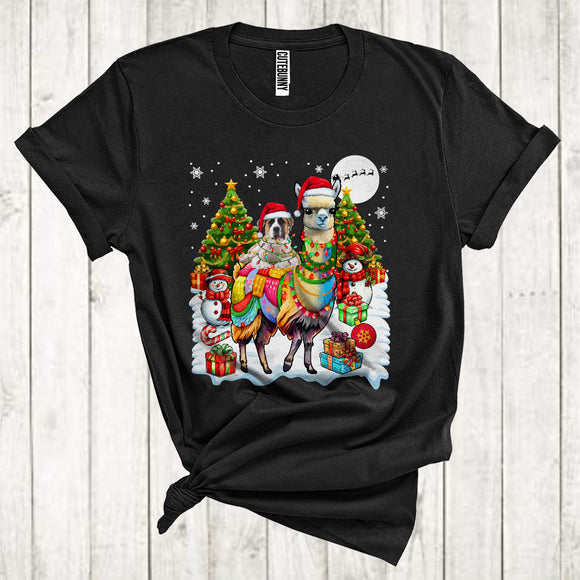 MacnyStore - Merry Christmas Cute Xmas Tree Santa St. Bernard Riding Llama Snowman T-Shirt