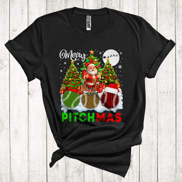 MacnyStore - Merry Pitchmas Funny Christmas Lights Plaid Leopard Softball Baseball Pitcher Team Player T-Shirt