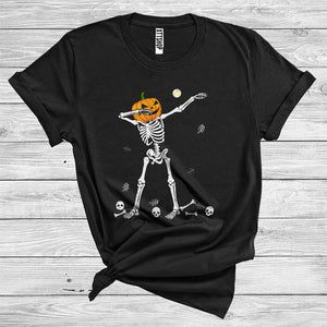 MacnyStore - Pumpkin Skeleton Dabbing Funny Halloween Costume Carved Pumpkin Skeleton Skull Lover T-Shirt