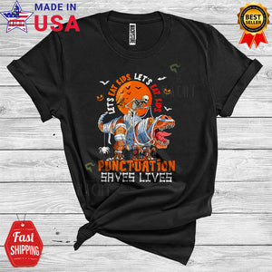 MacnyStore - Skeleton Riding T-Rex Eat Kids Punctuation Saves Lives Funny Grammar Teacher Halloween Dinosaur T-Shirt