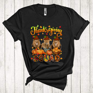 MacnyStore - Thanksgiving Squad Cool Pumpkins Fall Leaf Three Pilgrim Lions Animal Lover T-Shirt