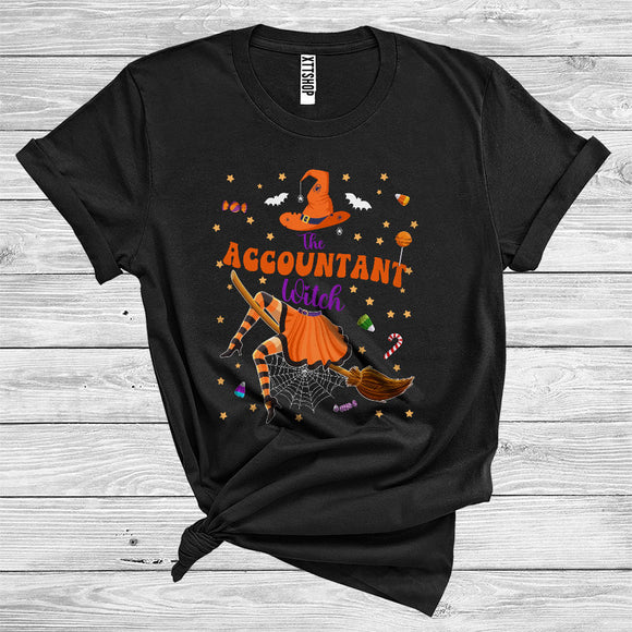 MacnyStore - The Accountant Witch Cute Witch Riding Broomstick Matching Careers Group Halloween Costume T-Shirt