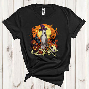 MacnyStore - Whippet With Scary Moon Cute Halloween Costume Witch Whippet Lying Skeleton T-Shirt