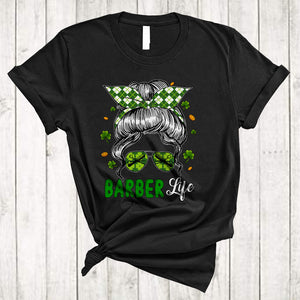 MacnyStore - Barber Life, Amazing St. Patrick's Day Bun Hair Woman Face Sunglasses, Lucky Shamrock T-Shirt