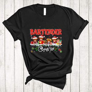 MacnyStore - Bartender Crew, Lovely Merry Christmas Lights Four Santa Reindeer, Matching X-mas Group T-Shirt