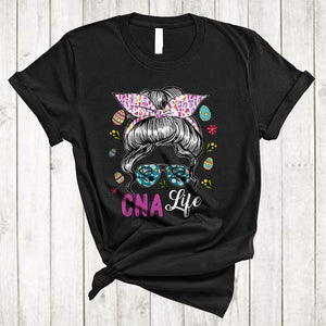 MacnyStore - CNA Life, Amazing Easter Day Bun Hair Woman Face Sunglasses, Egg Hunt Group Nurse T-Shirt