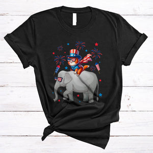 MacnyStore - Cat Riding Elephant, Lovely 4th Of July American Flag Fireworks, Animal Lover Patriotic Group T-Shirt