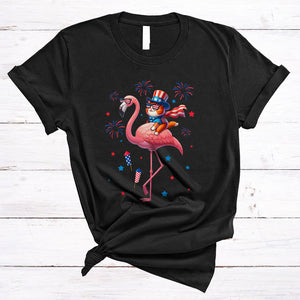 MacnyStore - Cat Riding Flamingo, Lovely 4th Of July American Flag Fireworks, Animal Lover Patriotic Group T-Shirt