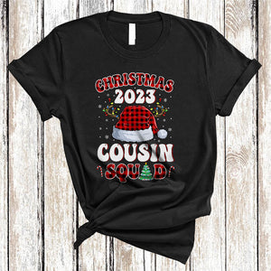 MacnyStore - Christmas Cousin Squad, Merry X-mas Red Plaid Santa Hat, Matching Family Pajamas Group T-Shirt