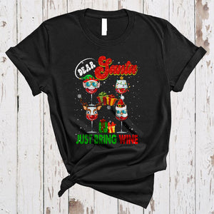 MacnyStore - Dear Santa Just Bring Wine, Humorous Four Wine Glasses, Christmas Snow Drinking Drunk T-Shirt