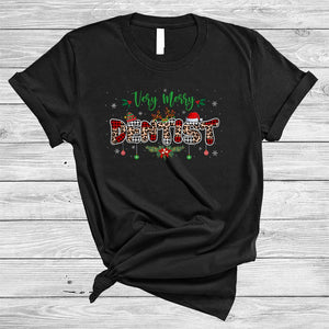 MacnyStore - Very Merry Dentist, Joyful Christmas Red Plaid Leopard Snow Around, Matching Dentist Group T-Shirt