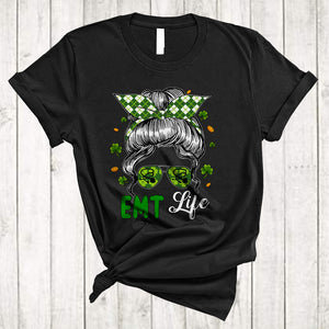 MacnyStore - EMT Life, Amazing St. Patrick's Day Bun Hair Woman Face Sunglasses, Lucky Shamrock Nurse T-Shirt