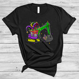 MacnyStore - Excavator Wearing Mardi Gras Mask Jester Hat, Lovely Mardi Gras Construction Vehicle Driver T-Shirt