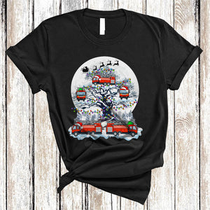 MacnyStore - Fire Truck On Christmas Tree, Joyful Santa ELF Reindeer Fire Truck Driver, X-mas Lights Moon T-Shirt