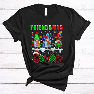 MacnyStore - Friendsmas Squad, Lovely Cool Christmas Tree Plaid Three Gnomes, X-mas Family Friend Group T-Shirt