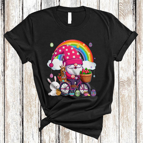 MacnyStore - Gnome Riding Bicycle With Bunny Giraffe, Lovely Easter Bicycle Rainbow, Egg Hunt Group T-Shirt