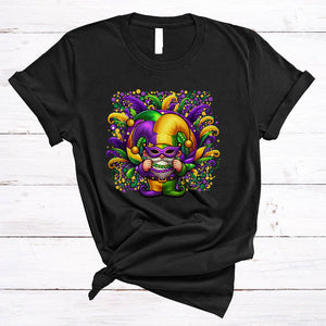 MacnyStore - Gnome Wearing Mardi Gras Mask Jester Hat Beads, Lovely Mardi Gras Gnomies, Parades Group T-Shirt