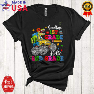 MacnyStore - Goodbye 1st Grade Hello 2nd Grade Cool Funny Graduation T-Rex Dinosaur Riding Monster Truck Lover T-Shirt