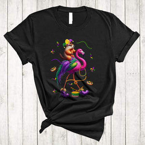 MacnyStore - Groundhog Riding Flamingo, Lovely Mardi Gras Groundhog Flamingo Wearing Beads Jester Hat, Animal Lover T-Shirt