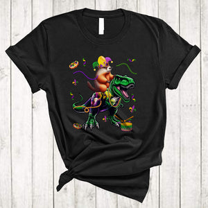 MacnyStore - Groundhog Riding T-Rex, Lovely Mardi Gras Groundhog T-Rex Wearing Beads Jester Hat, Animal Lover T-Shirt