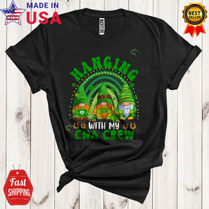 MacnyStore - Hanging With My CNA Crew Funny Cool St. Patrick's Day Shamrock Rainbow Three Gnomes Nurse T-Shirt