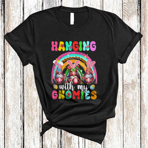 MacnyStore - Hanging With My Gnomies, Adorable Easter Day Three Bunny Gnomes, Family Group Rainbow T-Shirt