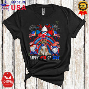 MacnyStore - Happy 4th Of July Cute Cool US Flag Rainbow Fireworks Gnomes Shetland Sheepdog T-Shirt