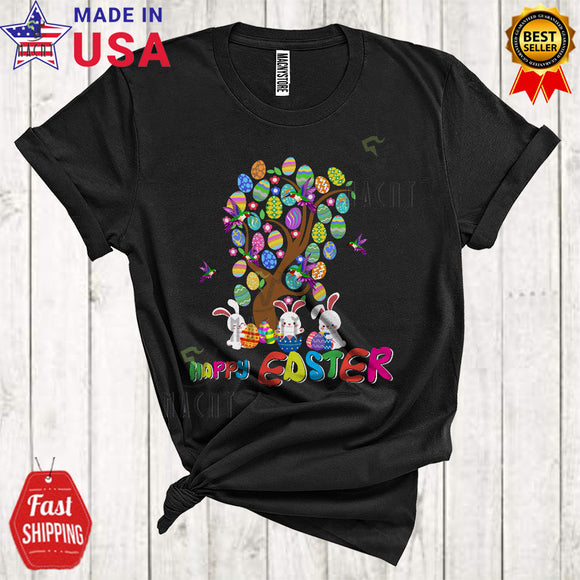 MacnyStore - Happy Easter Cute Funny Easter Egg Tree Three Bunnies Hummingbird Bird Hunting Easter Eggs Lover T-Shirt