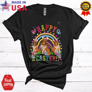 MacnyStore - Happy Easter Cute Happy Easter Three Bunny Sheltie Dogs And Gnomes Rainbow Lover T-Shirt