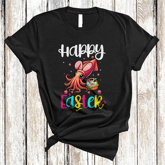 MacnyStore - Happy Easter, Amazing Easter Day Flowers Bunny Squid Easter Egg Basket, Sea Animal Lover T-Shirt