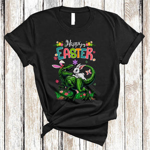 MacnyStore - Happy Easter, Joyful Easter Day Bunny Riding T-Rex, Flowers Dinosaur Lover Egg Hunt Group T-Shirt