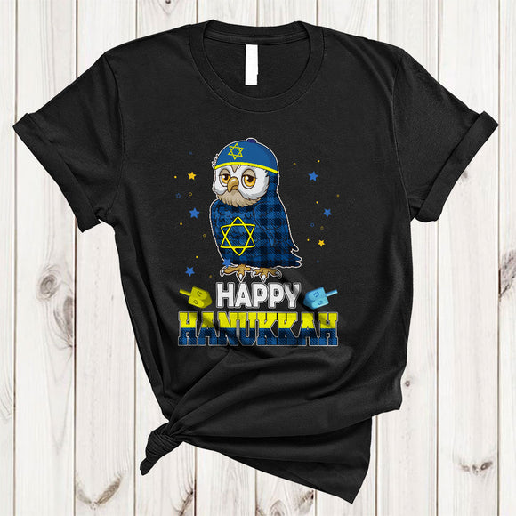 MacnyStore - Happy Hanukkah, Lovely Plaid Chanukah Owl Bird Dreidel, Matching Bird Animal Lover T-Shirt