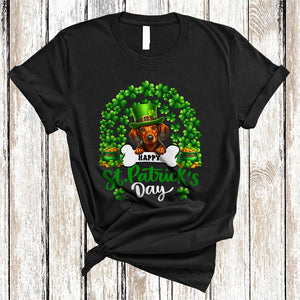 MacnyStore - Happy St. Patrick's Day, Wonderful Leprechaun Dachshund With Bones, Rainbow Shamrocks T-Shirt