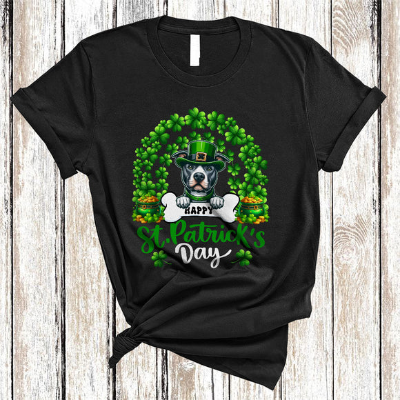 MacnyStore - Happy St. Patrick's Day, Wonderful Leprechaun Pit Bull With Bones, Rainbow Shamrocks T-Shirt