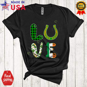 MacnyStore - LOVE Cool Happy St. Patrick's Day Green Plaid Shamrocks Irish Flag Horseshoe Lover Family Group T-Shirt