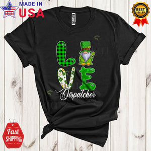 MacnyStore - LOVE Dispatcher Funny Happy St. Patrick's Day Plaid Shamrock Leprechaun Gnome Squad Lover T-Shirt