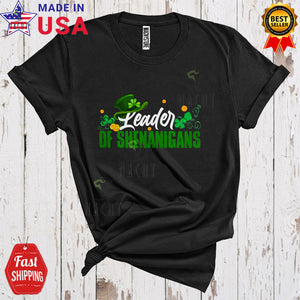 MacnyStore - Leader Of Shenanigans Cool Funny St. Patrick's Day Shenanigans Squad Leprechaun Hat Shamrocks T-Shirt