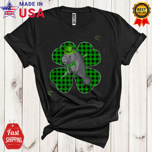 MacnyStore - Leprechaun Manatee With Green Plaid Shamrock Shape Funny Cool St. Patrick's Day Irish Animal Lover T-Shirt