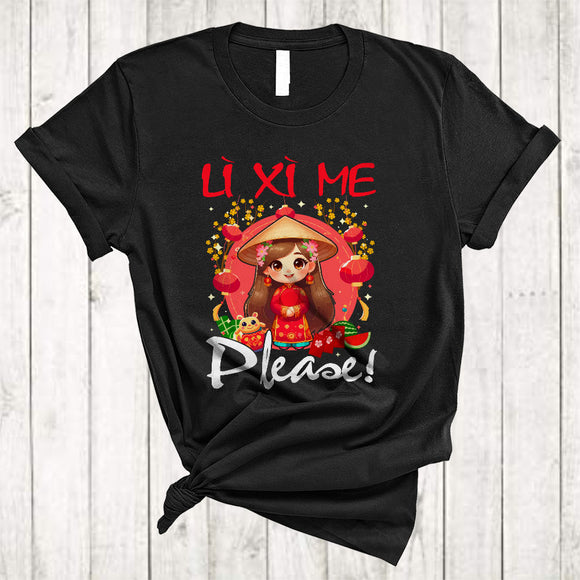 MacnyStore - Li Xi Me Please, Lovely Happy Lunar New Year Tet Dragon, Vietnamese Flowers Girl Family T-Shirt