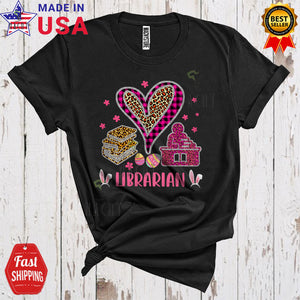 MacnyStore - Librarian Cute Cool Easter Day Leopard Plaid Heart Shape Books Apple Lover Matching Group T-Shirt