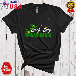 MacnyStore - Lunch Lady Shenanigator Cool Funny St. Patrick's Day Shenanigans Squad Leprechaun Hat Shamrocks T-Shirt