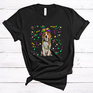 MacnyStore - Mardi Gras Beagle Wearing Jester Hat Beads, Joyful Mardi Gras Carnival Party, Parade Group T-Shirt