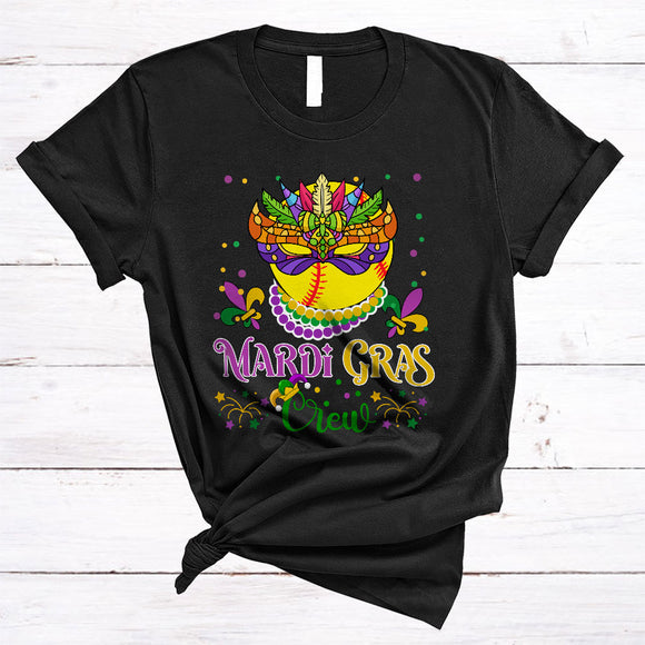 MacnyStore - Mardi Gras Crew, Amazing Mardi Gras Softball Wearing Mask Beads, Carnival Parades Group T-Shirt