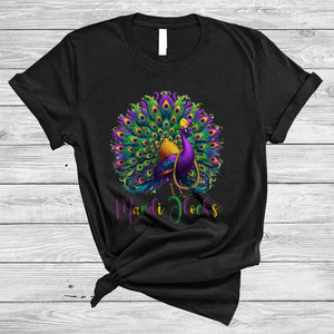 MacnyStore - Mardi Gras Flocks, Cheerful Mardi Gras Peacock Wearing Jester Hat Beads, Parades Group T-Shirt