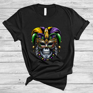 MacnyStore - Mardi Gras Jester Hat Skull, Amazing Mardi Gras Beads Mask Skull Lover, Matching Parade Group T-Shirt