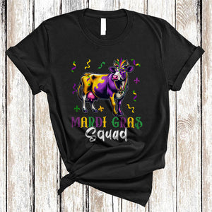 MacnyStore - Mardi Gras Squad, Cute Cow Wearing Mardi Gras Mask Beads, Matching Cow Farmer Lover T-Shirt