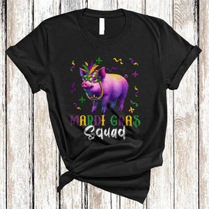 MacnyStore - Mardi Gras Squad, Cute Pig Wearing Mardi Gras Mask Beads, Matching Pig Farmer Lover T-Shirt